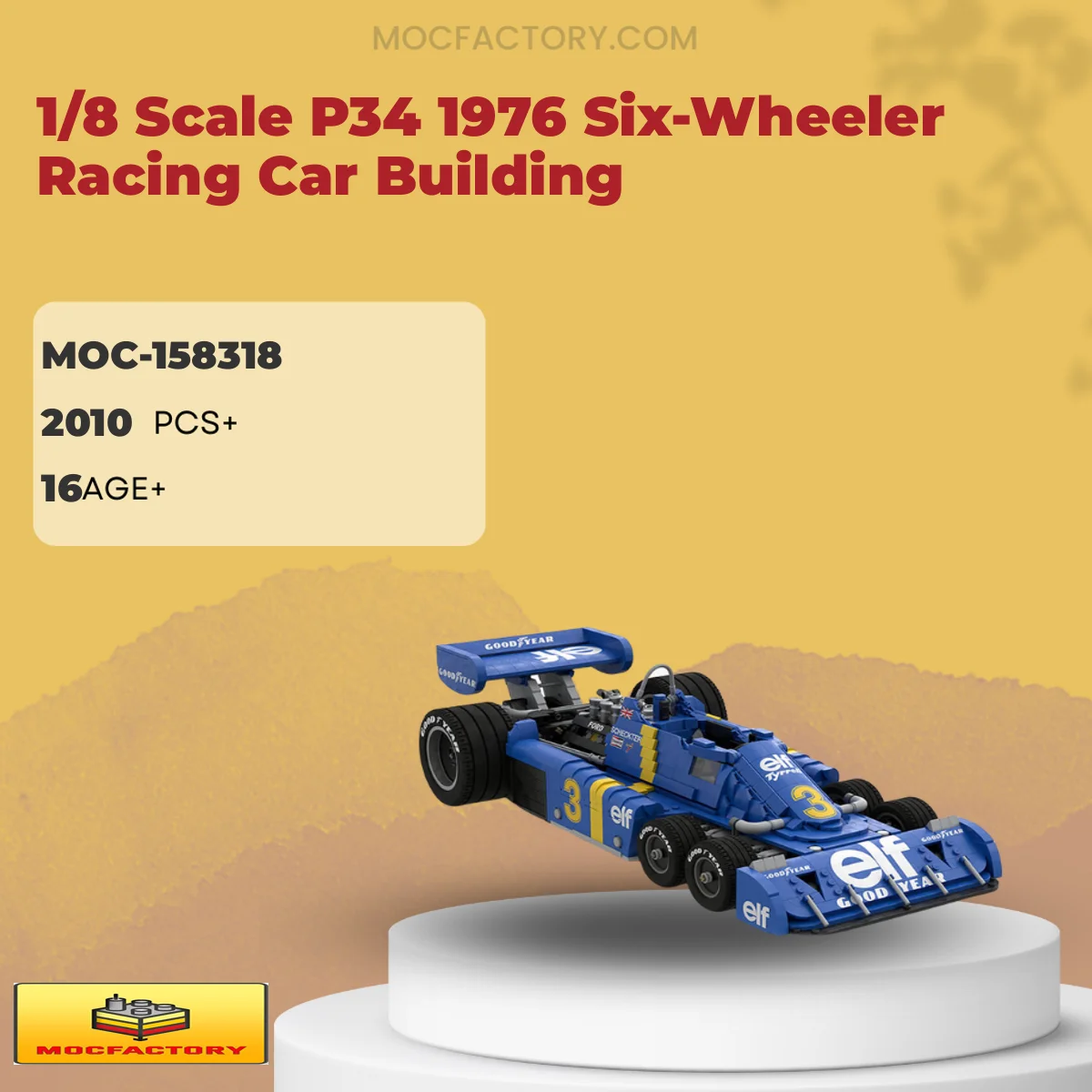 MOC Factory 158318 1/8 Scale P34 1976 Six-Wheeler Racing Car Building Model Bricks